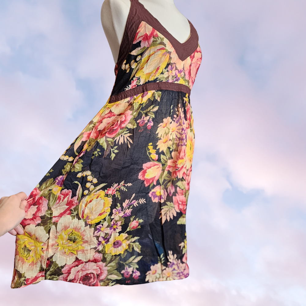 Floral Lightweight V-Neck Black Pink Brown Cream Yellow Sun Tank Summer Dress - Picture 2 of 6
